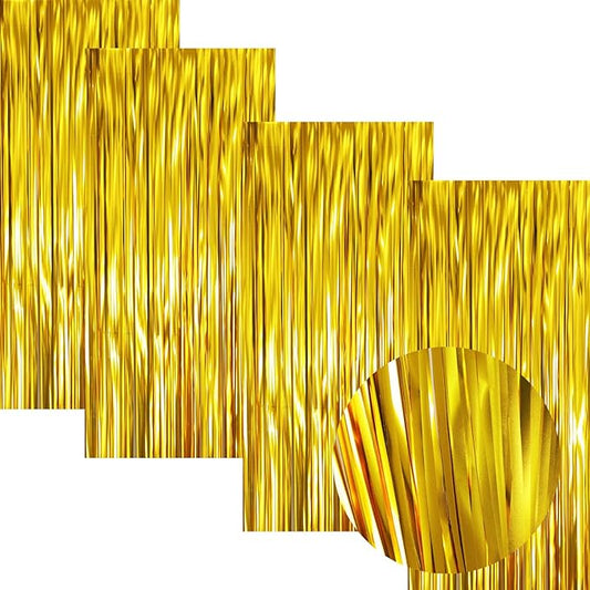 GOER 3.2 ft x 9.8 ft Metallic Tinsel Foil Fringe Curtains Party Photo Backdrop Party Streamers for Birthday,Graduation,New Year Eve Decorations Wedding Decor (4 Pcs,Matte Gold,Thick Material)