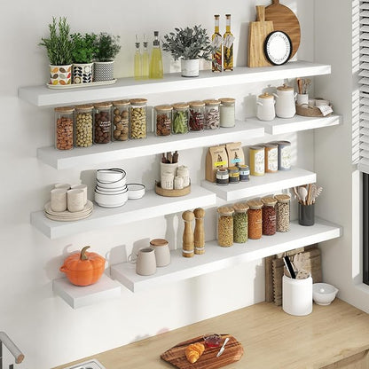 36 Inch Floating Shelves for Wall, 8 Inch Deep Floating Shelf for Storage & Display, Rustic Wall Mounted Shelf with Invisible Brackets for Living Room, Kitchen, Bathroom, Home Decor, Set of 2, White