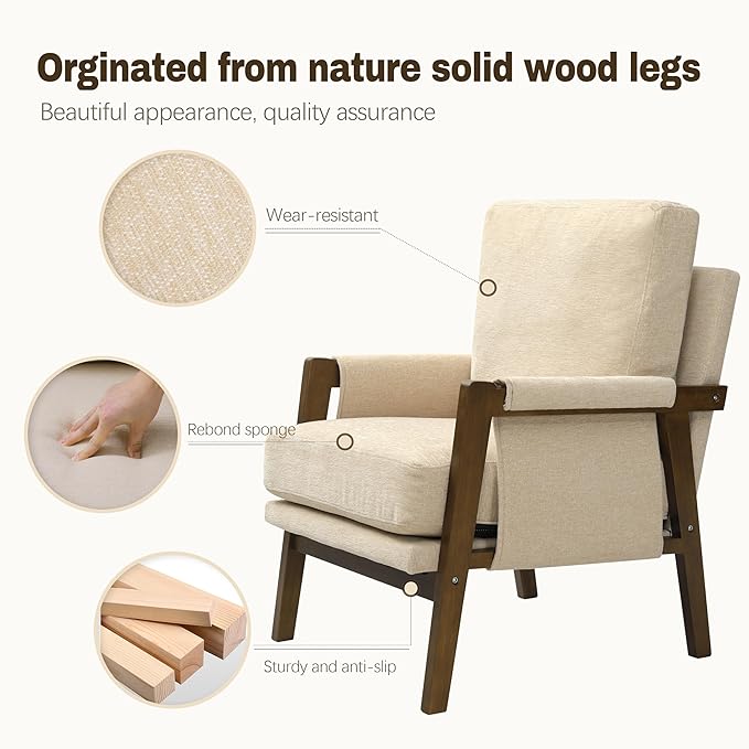 Accent Chairs for Living Room Set of 2, Modern Arm Chairs for Bedroom, Wooden Upholstered Mid Century Accent Chairs, Beige