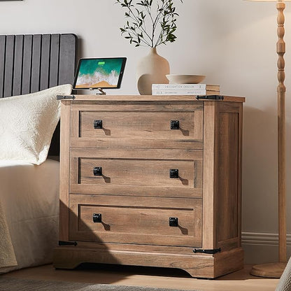 T4TREAM 32" Farmhouse Nightstand with Charging Station, Large End Table with 3 Storage Drawers, Rustic Wood Bedside Table for Bedroom, Living Room, Rustic Oak
