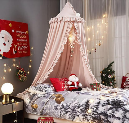 VETHIN Bed Canopy for Girls,Princess Round Dome Dreamy Mosquito Net Bedding Girls Room Castle Play Tent Hanging House Decor Reading Nook Canopies (Beige Pink)
