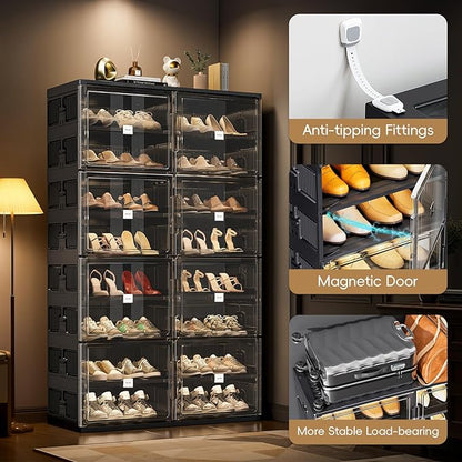 JEKO&JEKO 6-Tier Foldable Shoe Storage Cabinet with Magnetic Doors, Large Stackable Shoe Organizer Cabinet for Entryway, Clear Front Door Shoe Boxes Hold Up to 24 Pairs (Black)