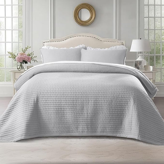 KASENTEX Queen XL Quilt Set 98"x98" – Soft Washed 3-Layer Lightweight Bedspread, Minimalist Nordic Design, All-Season Spring & Summer Quilt Set (1 Quilt + 2 Pillow Shams), Gull