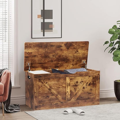 Timberer 39.4" Storage Chest, Wooden Storage Bench, Large Storage Trunk with 2 Safety Hinges, Entryway Shoes Bench for Living Room, Bedroom, Rustic Brown