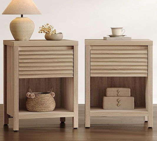 SICOTAS Fluted Nightstands Set of 2-19.6" Wide Wooden Night Stand with Drawer and Storage Shelf, Modern Bedside Table with Thick Top, Boho End Bed Side Tables for Bedroom, Light Oak