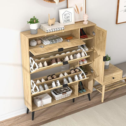 Shoe Storage Cabinet with 2 Flip Drawers, Narrow Shoe Cabinet for Entryway, Freestanding Slim Hidden Shoe Organizer Cabinet with Doors, Adjustable Shelf, Open Storage Space (Wood)