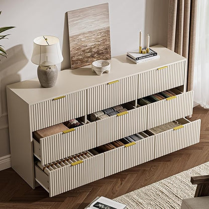 3-Piece Dresser Bedroom Set, 9 Drawer Dresser & 2 Drawer Nightstands with Gold Handles, Fluted Wood Chest of Drawers for Bedroom, Living Room, Entryway, Beige