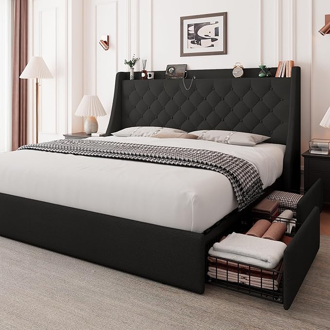Feonase Upholstered King Size Bed Frame with 4 Storage Drawers, Large Wingback Headboard, No Box Spring Needed, Black