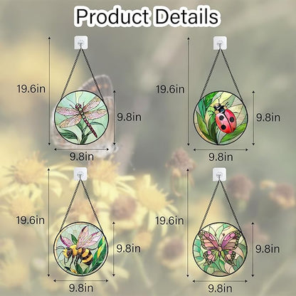 Stained Glass Window Hanging 4 Pcs Set Pink Green Insect Theme 9.8" - Butterfly Suncatcher Door Garden Sun Catcher Decor Birthday Christmas for Mom Woman Nana Men