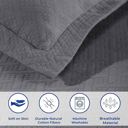 Superior 100% Cotton Basket Weave Bedspread with Shams, All-Season Premium Cotton Matelasse Jacquard Bedding, Quilted-Look Geometric Basket, Full, Grey