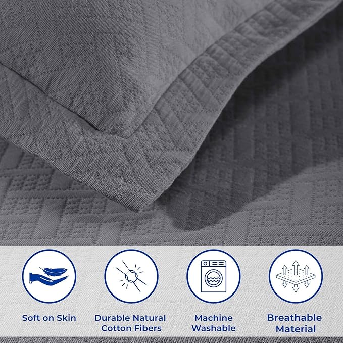 Superior 2 Piece Basketweave Cotton Bedspread Set, Home Bed Decor, Decorative Bed Spread, 1 Pillow Sham, Medium Weight Blanket, Matelasse Coverlet Bedding, Geometric Lattice Pattern, Twin, Grey