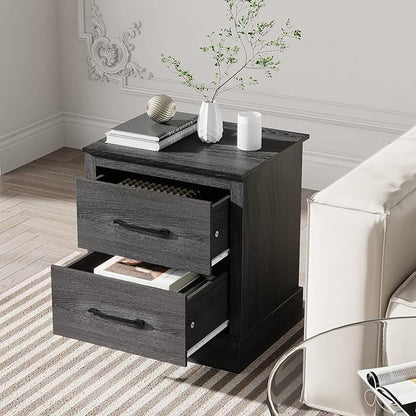 Giantex Farmhouse Nightstand Set of 2, Wood Bedside Table with 2 Storage Drawers, Compact Floor Night Stand End Table, Accent Sofa Side Table for Bedroom, Grey Oak