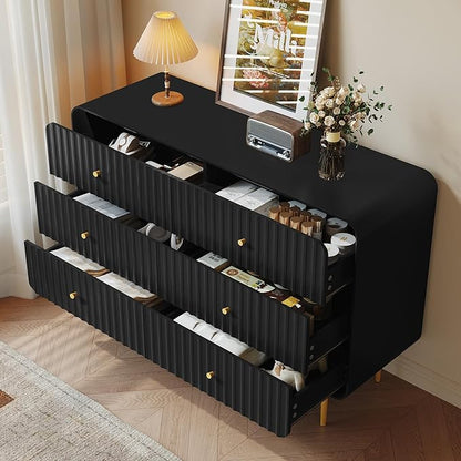 HLR Fluted 6 Drawers Dresser, 48'' Wide Modern Chest of Drawers with Gold Metal Handles,Dresser TV Stand for 2 Piece, Wood Dressers & Chest of Drawers for Bedroom, Living Room, Hallway (Black)
