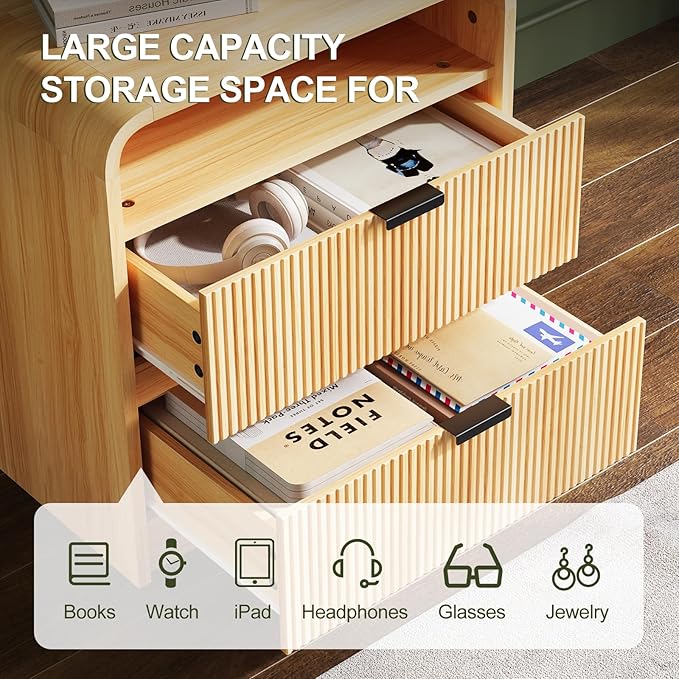 FURSUN 24" Fluted Nightstand Set of 2 with Charging Station, Wooden End Table with 2 Drawers Storage, Curved Profile Design, Modern Bedside Cabinet for Bedroom, Natural Oak
