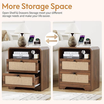 Modern Night Stand with Charging Station and 2 Drawers, Wooden Side Table Curved Nightstands with USB/Type-C Ports, Large Mid Century End Table for Living Room, Bedroom, Nature Linen, Walnut