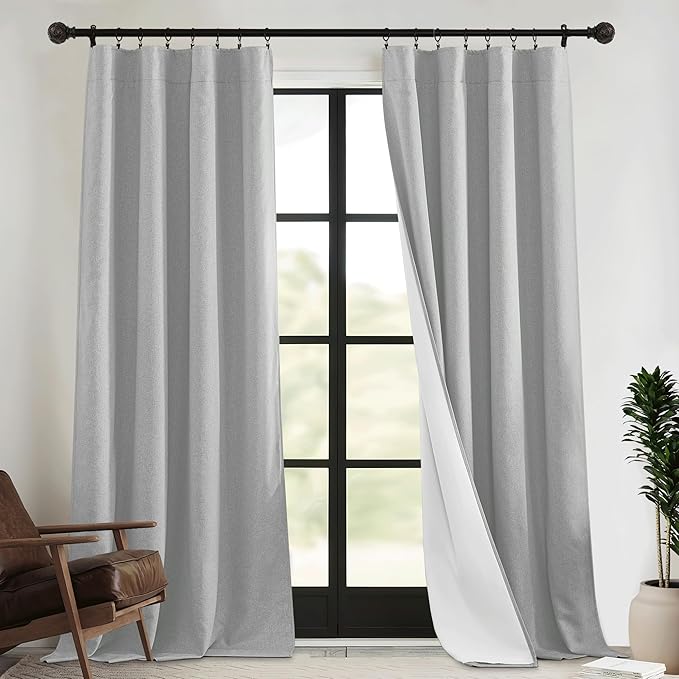 RYB HOME 4 in 1 Set Dust Filter - Soundproof - Blackout - Insulating, Energy Efficiency Linen Curtains for Kids Bedroom Living Room Divider Apartment Hotel Office Theatre, Grey, W 52 x L 84, 2 Pcs