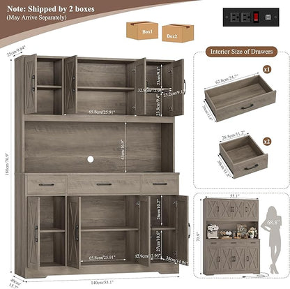 HOSTACK 71" Tall Kitchen Pantry Storage Cabinet with Charging Station, 55" Wide Kitchen Hutch Cabinet with Large Countertop, Farmhouse Food Pantry with Drawers for Living Room (Ash Grey)