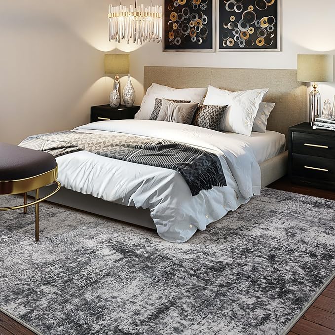 Area Rug Living Room Rugs - 9x12 Large Soft Indoor Neutral Modern Abstract Low Pile Washable Rug Carpet for Bedroom Dining Room Farmhouse Home Office - Grey