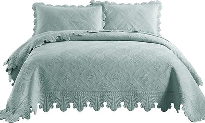 MarCielo 3-Piece 100% Cotton Oversized Bedspread Lightweight Quilt Coverlet Embroidery Farmhouse Bedding Set (Tk Aqua Green, Oversized King (118"x106"))