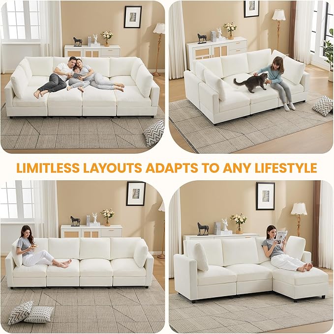 116'' Modular Sectional Cloud Sofa Bed, 8-Seater Convertible Sofa Couch with Ottoman, Modern Deep Seat Sleeper Sofa for Living Room, Chenille Beige
