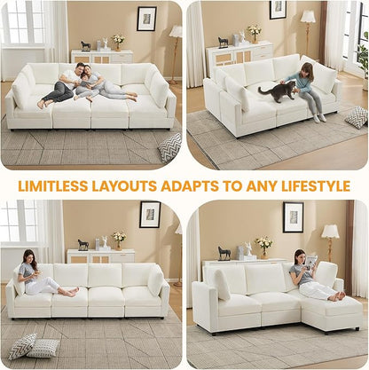 116'' 4-Seater Modular Sectional Cloud Sofa with 2 Ottomans, U-Shaped Couch for Living Room, Modern Deep Seat Sofa with Soft Back Cushions, Chenille Beige