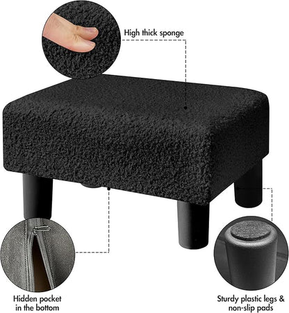 BRIAN & DANY Small Foot Stool Ottoman, Footstool with Legs, Teddy Velvet Foot Rest for Living Room, Bedroom and Office, Black