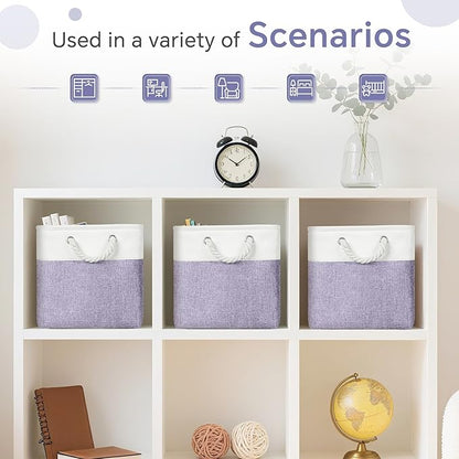 Large 11x11 Inch Cube Storage Bins with Cotton Handles for Closet, Shelves, Clothes, Towel (White/Purple-6 Pack)