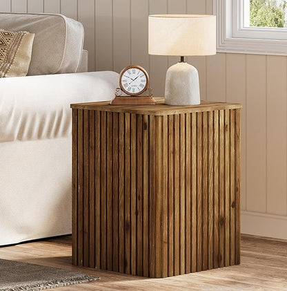 Solid Wood Square End Table with Storage, Fluted Side Table for Living Room, Mid-Century Modern Bedside Nightstand with Removable Lid for Bedroom, Small Spaces (1 PC, Rustic Brown)