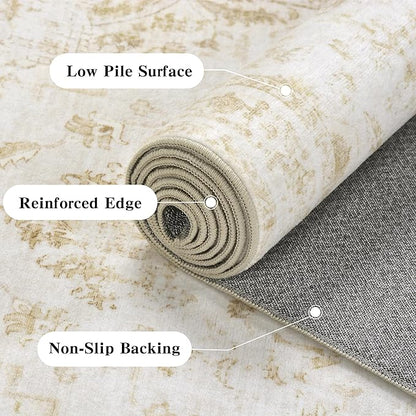 9x12 Vintage Washable Area Rugs Boho Medallion Large Distressed Retro Accent Carpet Floral Non-Slip Soft Low Pile Indoor Throw Rug for Living Room Bedroom Dining Room Office Kitchen, Beige