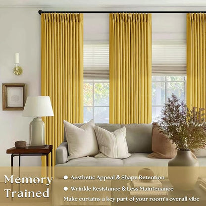 Pleated Linen Curtains 96 Inches Long for Living Room 2 Panel Set Semi Sheer Light Filtering Pinch Pleat with Rings Hooks Drapes Spring Farmhouse Rustic Mustard Yellow Gold Curtain Bedroom Window