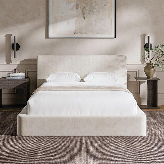 RECCI Cloud Full Size Bed Frame with Ergonomic Angled Foam Cushioned Headboard, Minimalist Design Platform Bed Frame, No Box Spring Needed, Easy Assembly (Beige)