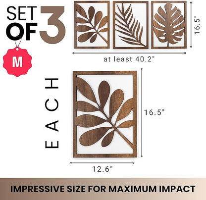 qmmp Modern Wooden Wall Sculptures - Set of 3 - Home Decor Accent - Large Wall Art for Living Room, Bedroom, Office - Easy Installation (Walnut, Medium - Tree Leaves)