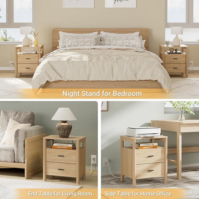FavourLife Night Stand Set 2, 20" Wide Nightstands Set of 2, Modern Nightstand with Charging Station, 2 Drawer Wooden End Table with Solid Round Post Legs, Large Bedside Table for Bedroom, Natural Oak