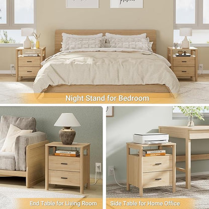 FavourLife Night Stand Set 2, 20" Wide Nightstands Set of 2, Modern Nightstand with Charging Station, 2 Drawer Wooden End Table with Solid Round Post Legs, Large Bedside Table for Bedroom, Natural Oak