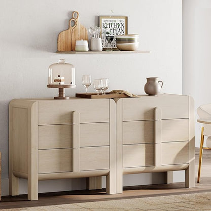 WAMPAT 6 Drawer Dresser for Bedroom, 2 in 1 63" Wide Mid Century Modern Wide Chest of Drawer, Wood Tall Nightstand with Curved Edge Handles, Closet Dresser TV Stand for Bedroom, Beige