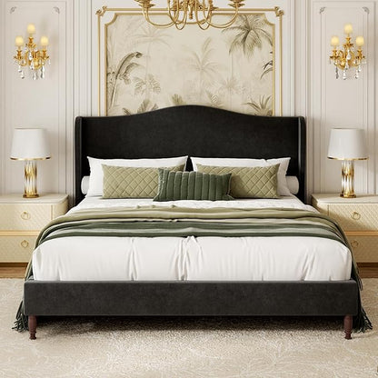 Full Size Upholstered Platform Bed Frame, 51" Tall Chenille Fabric Headboard with Classic Curved Wingback Design, Vintage Solid Wood Legs, No Box Spring Needed, Easy Assembly & Noise-Free, Black