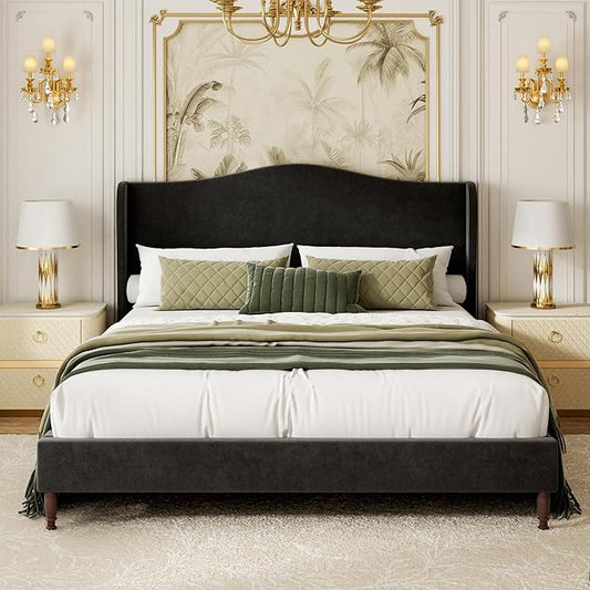 Full Size Upholstered Platform Bed Frame, 51" Tall Chenille Fabric Headboard with Classic Curved Wingback Design, Vintage Solid Wood Legs, No Box Spring Needed, Easy Assembly & Noise-Free, Black