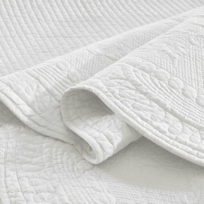 MarCielo 100% Cotton Quilt Set - 3-Piece Embroidered Farmhouse Bedspread & Shams, All-Season Breathable Bedding(TG Bright White,King)