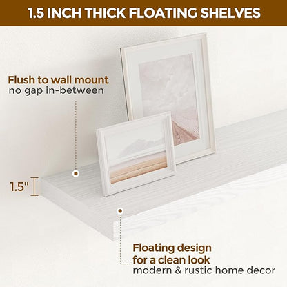 Fun Memories Farmhouse Floating Shelves for Wall, 48 x 9.3 Large Floating Shelf Wall Mounted, Rustic Wood Shelves for Bathroom, Kitchen, Living, Heavy-Duty Storage Deep Shelf for Books, Decor, White