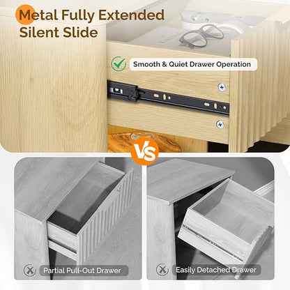 VINGLI Nightstands Set of 2 with Charging Station, LED Nightstand Fluted with Rounded Edge, 19"W Mid Century Modern Nightstand for Bedroom, Fluted Bed Side Table, Oak Night Stand, 18.9"W*15"D*22.4"H