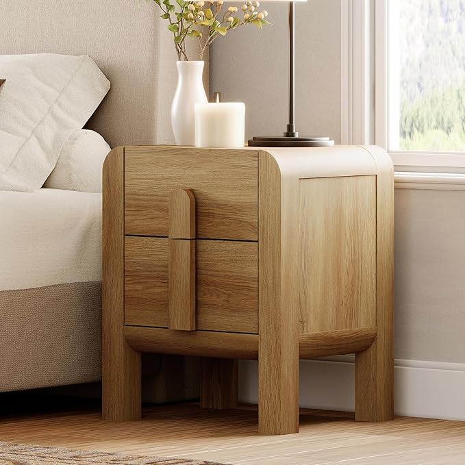WAMPAT 23.7" Tall Modern Nightstand with Charging Station,Wood Bedside Table w/2 Storage Drawers,Curved Profile Design,Sofa Side Table End Table for Bedroom, Light Walnut