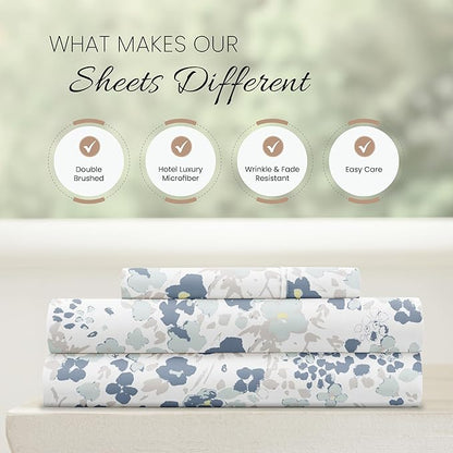 Linen Market Double-Brushed Patterned Microfiber Twin Sheet Set 3 Piece – Oeko-TEX Certified Ultra Soft & Wrinkle-Free - 16" Deep Pocket Sheets - Easy Care Twin Size - Violets Light Blue