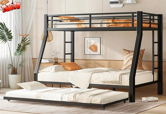 Upgraded Version Thicken Heavy Duty Metal Twin Over Full Bunk Bed with Twin Size Trundle, Modern Style Stronger Bunk Bed Frame Twin Over Full Size for Adults, Easy Assembly (Twin/Full)