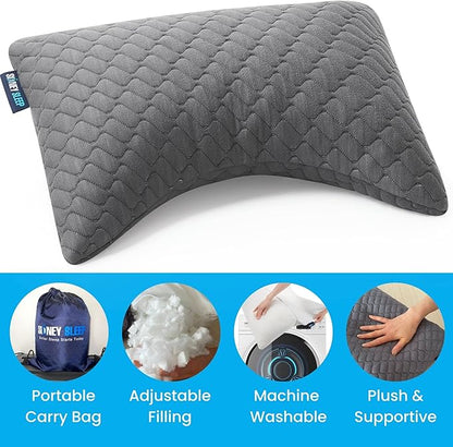 Sidney Sleep Set of 2 Mini Travel Size Neck Pillows - Knee Pillow - Back Lumbar Support - Curved Bed Pillow - 14 x 19 Inches - Adjustable Loft - Carry Backpack Included (Grey 2 Pack Mini)