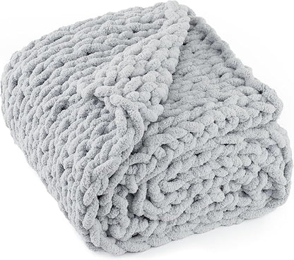 Chunky Knit Throw Blanket 50"X 60", 100% Handmade with Soft Chenille Yarn, 4.4lbs Thick Cable Knitted Blankets, Large Rope Knot Crochet Throws for Couch Sofa Bed Home Decor, Light Grey