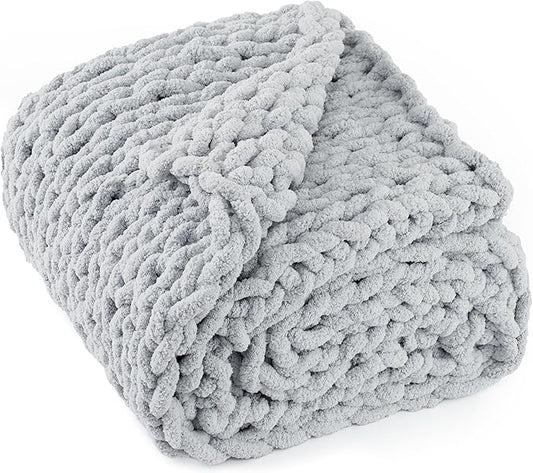 Chunky Knit Throw Blanket 50"X 60", 100% Handmade with Soft Chenille Yarn, 4.4lbs Thick Cable Knitted Blankets, Large Rope Knot Crochet Throws for Couch Sofa Bed Home Decor, Light Grey