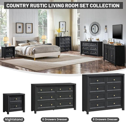 Black Dresser, Farmhouse 6 Drawer Dresser for Bedroom, 52 inch Wide Dressers with Deep Drawers, Vintage Dressers, Solid Wood Chest of Drawers for Bedroom, Nursery