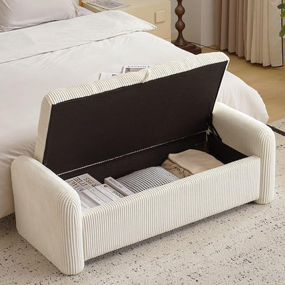 Oversized Corduroy Ottoman Bench with Storage, Upholstered End of Bed Bench for Bedroom, Ottoman Foot Rest for Living Room, Beige