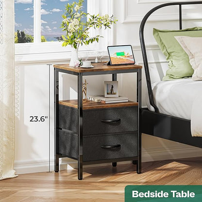 Huuger Nightstand with Charging Station, Side Table with Fabric Drawers, End Table with Open Shelf, Bedside Table with USB Ports and Outlets, Night Stand for Bedroom, Rustic Brown and Black