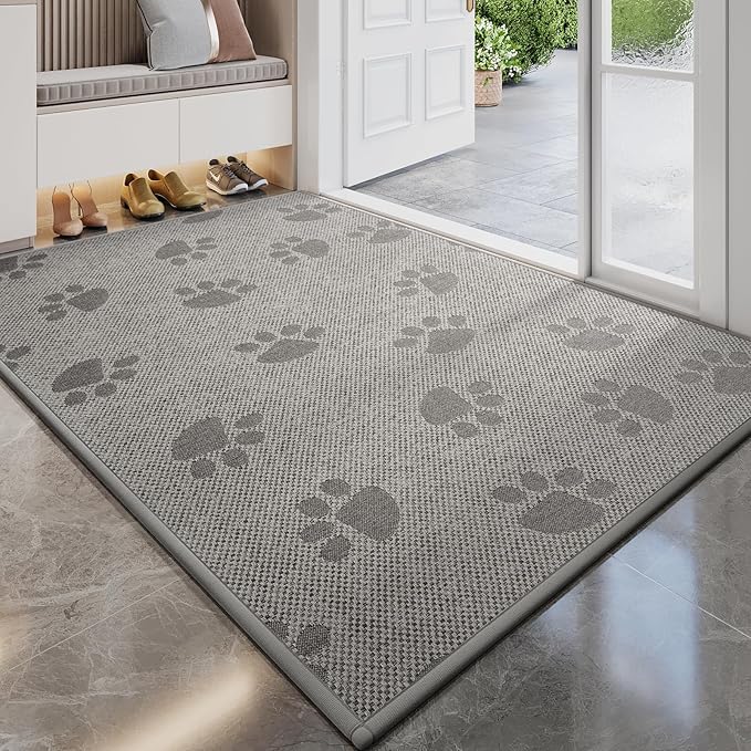 Door Mat Indoor Entrance 24"x35", 0.16" Thin Paw Print Low Pile Doormat, Non Slip Welcome Mat, Trap Dirt and Moisture, Easy Clean, Gray